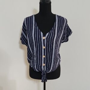 Universal Thread Navy and White Striped Tie-Front Button Down Top